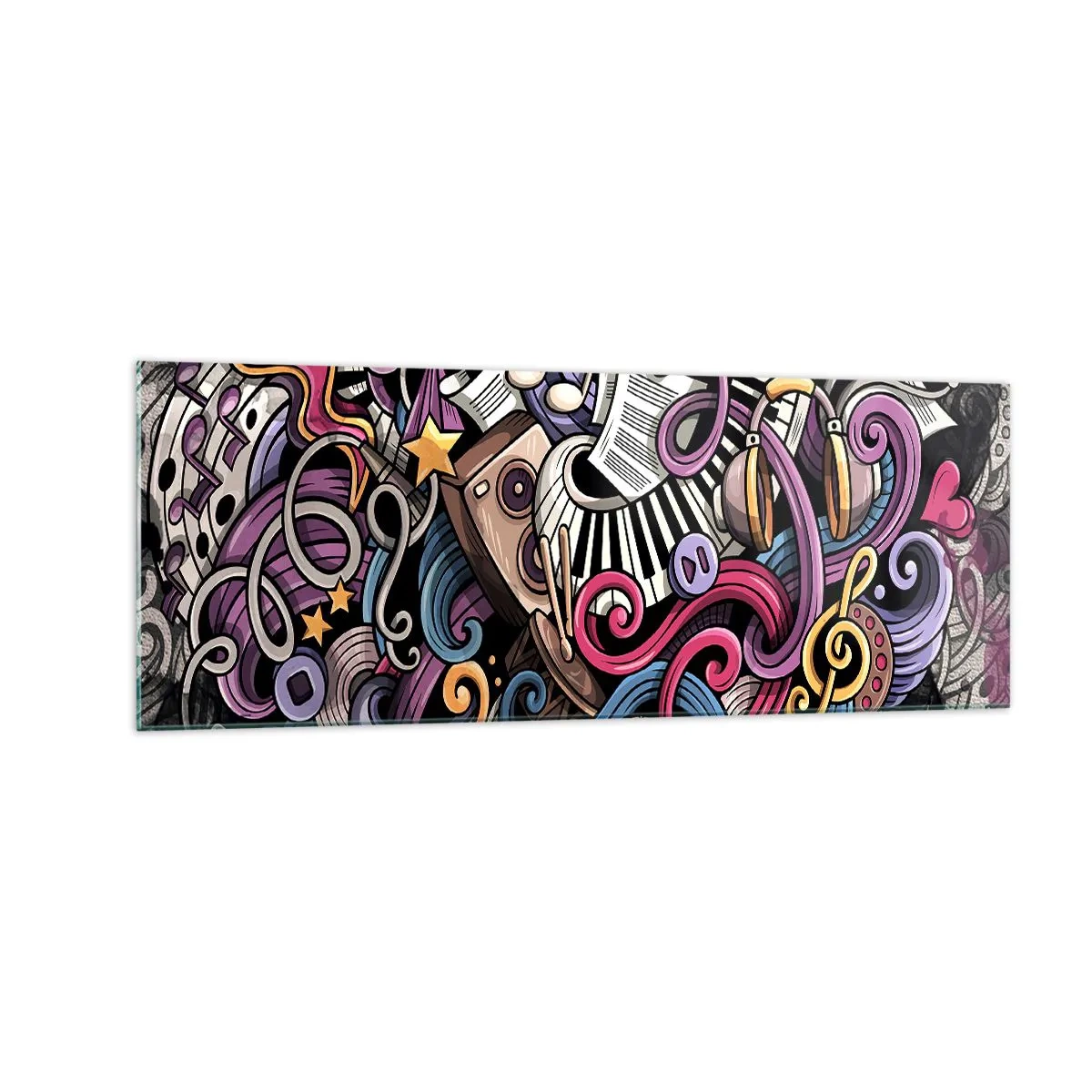 Impression sur verre - Image sur verre - Une abstraction musicale pleine d'instruments et de notes colorées. - 140x50cm - Mélodie compliquée - Décoration murale moderne pour le salon et la chambre ARTTOR