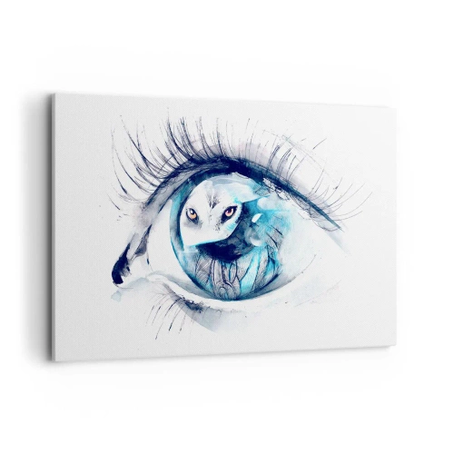 Impression sur toile - Image sur toile - Un œil avec une image d'un hibou dans des tons bleus à l'aquarelle - 120x80cm - Face à face avec la nature sauvage - Décoration murale moderne pour le salon et la chambre ARTTOR