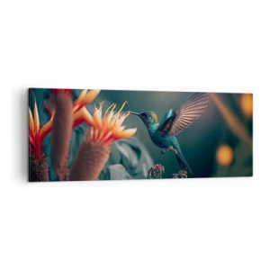 Impression sur toile - Image sur toile - Un colibri coloré parmi des fleurs sur un fond naturel - 140x50cm - une vie vraiment colorée - Décoration murale moderne pour le salon et la chambre ARTTOR