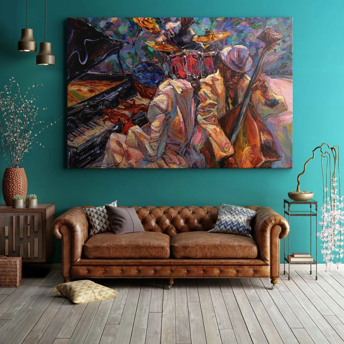 Impression sur toile - Image sur toile - Scène de jazz énergique avec musiciens et instruments - 70x50cm - Dans le même tempo - Décoration murale moderne pour le salon et la chambre ARTTOR