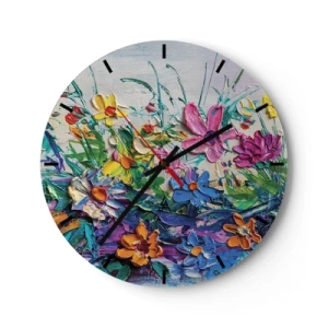 Horloge murale - Pendule murale - Un paysage floral coloré en technique d'empâtement - 30x30cm - Absolument pas une nature morte - Décoration murale moderne pour le salon, la cuisine et la chambre ARTTOR