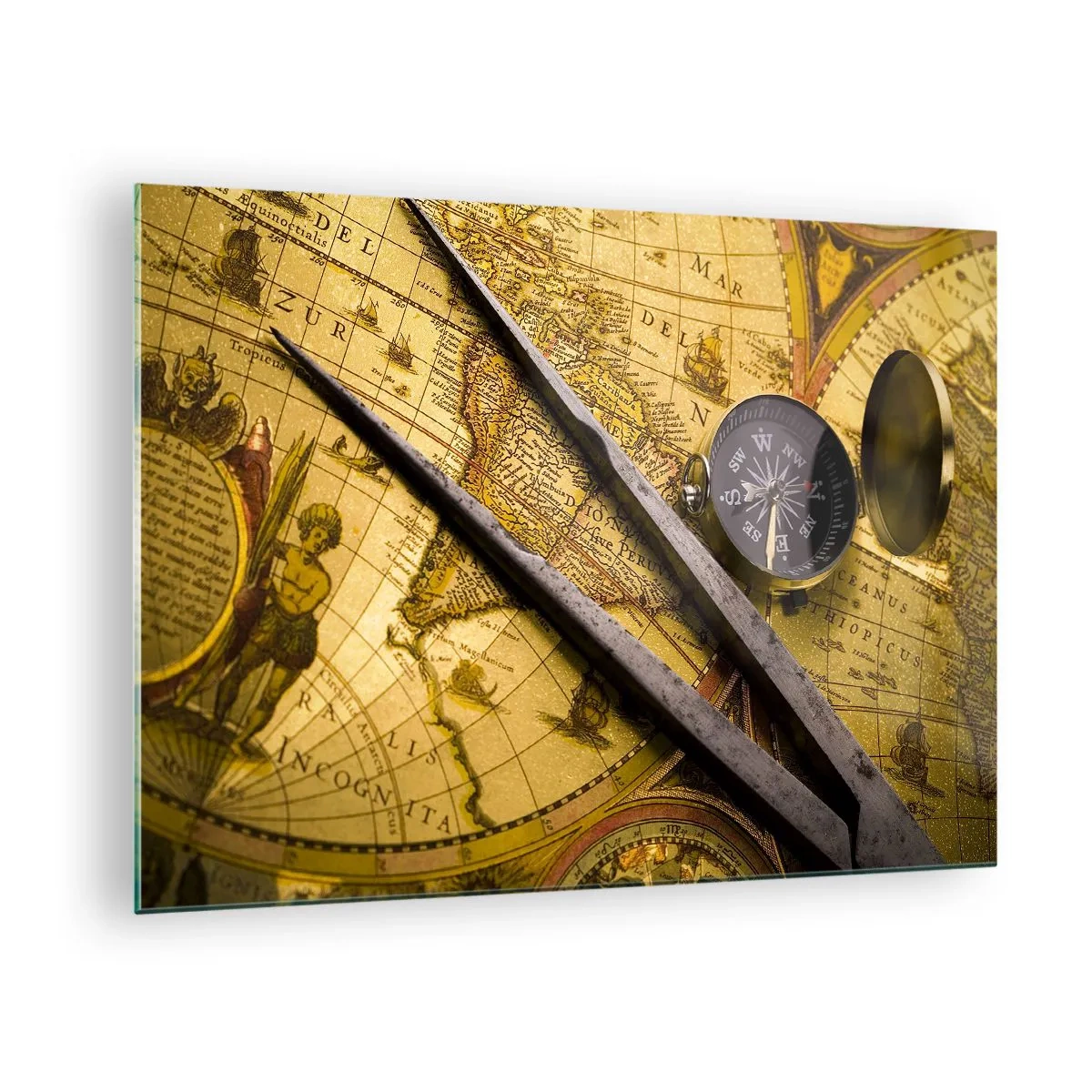 Impression sur verre - Image sur verre - Ancienne carte avec boussole et compas - 70x50cm - Où sont ces trésors? - Décoration murale moderne pour le salon et la chambre ARTTOR