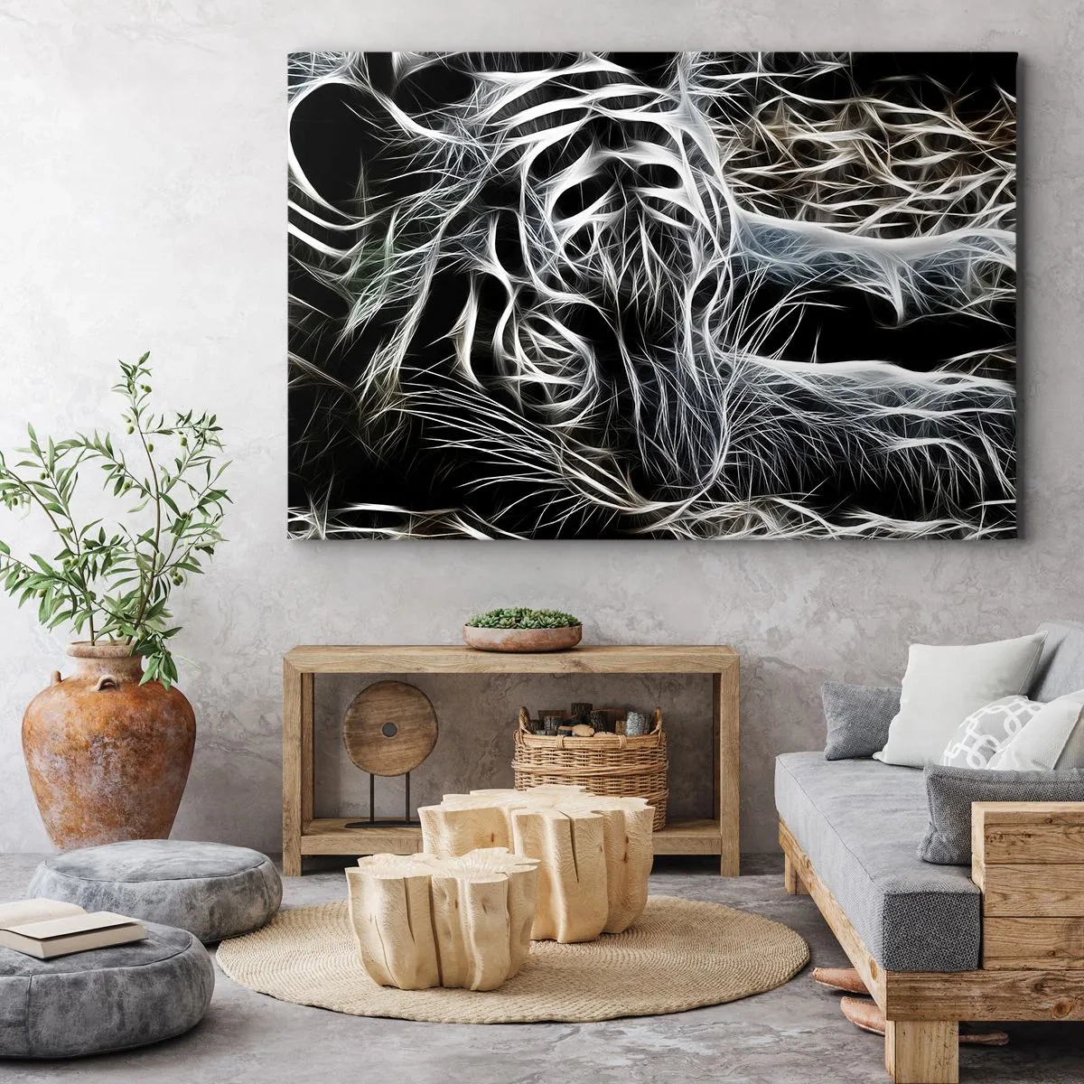 Impression sur toile - Image sur toile - Un motif abstrait représentant la silhouette d'un chat sur fond noir. - 70x50cm - Une étude de la légèreté du chat - Décoration murale moderne pour le salon et la chambre ARTTOR