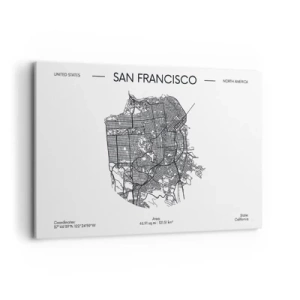 Impression sur toile - Image sur toile - Une carte de San Francisco dans un style minimaliste en noir et blanc. - 120x80cm - Anatomie de San Fransisco - Décoration murale moderne pour le salon et la chambre ARTTOR