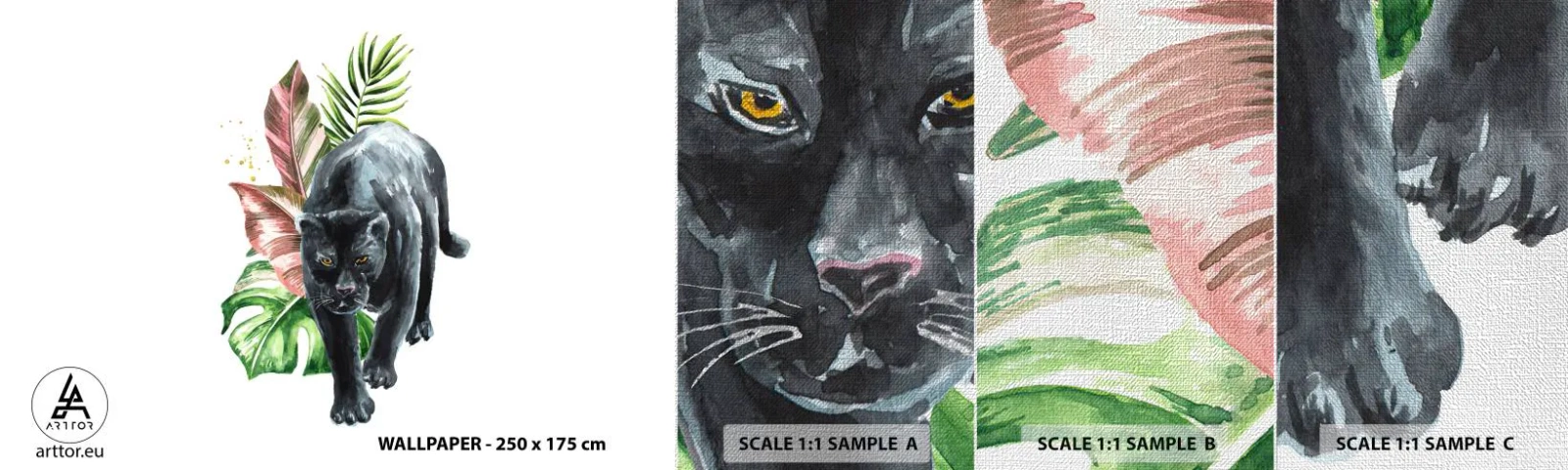 Échantillon de Papier Peint Premium Canvas - Sauvagerie du coeur - Panthère noire, Animaux, Nature - 100x30 cm