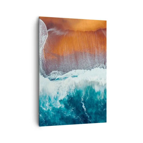 Impression sur toile - Image sur toile - Une vue des vagues de l'océan s'écrasant sur la plage dorée - 70x100cm - Caresse de l'océan - Décoration murale moderne pour le salon et la chambre ARTTOR