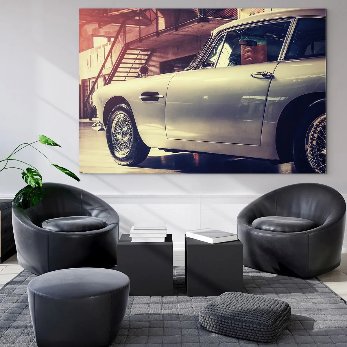 Impression sur verre - Image sur verre - Une voiture classique dans un intérieur de garage élégant - 120x80cm - Les classiques ne vieillissent pas - Décoration murale moderne pour le salon et la chambre ARTTOR