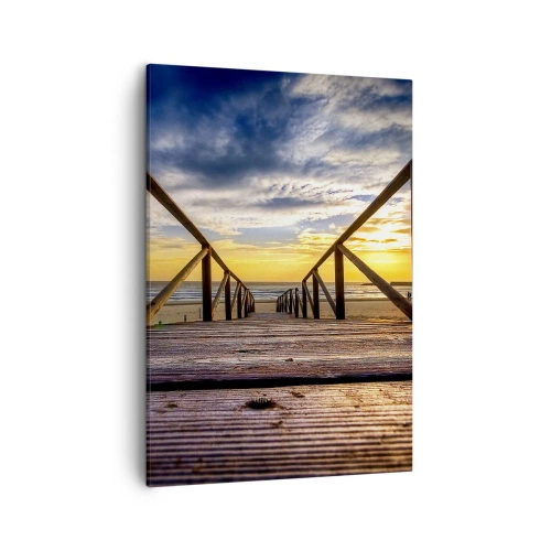Impression sur toile - Image sur toile - Jetée en bois menant à la plage au coucher du soleil - 50x70cm - Directement sur une plage calme au coucher de soleil - Décoration murale moderne pour le salon et la chambre ARTTOR