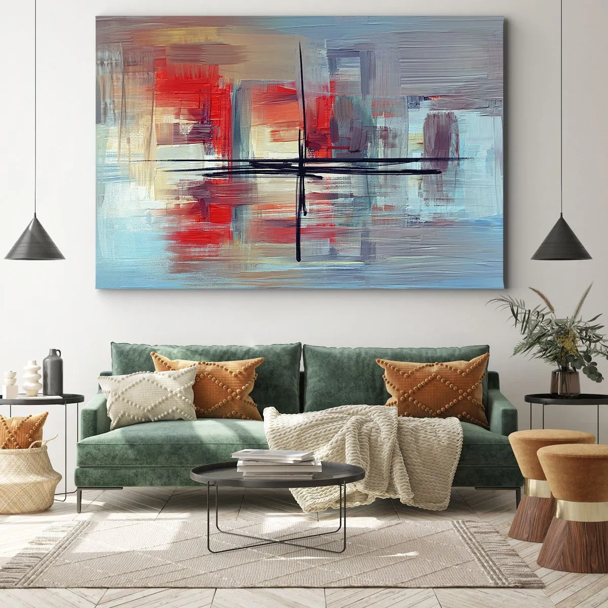 Impression sur toile - Image sur toile - Une composition abstraite aux couleurs intenses, aux lignes et aux formes géométriques. - 70x50cm - Un paysage dans une dimension inconnue - Décoration murale moderne pour le salon et la chambre ARTTOR