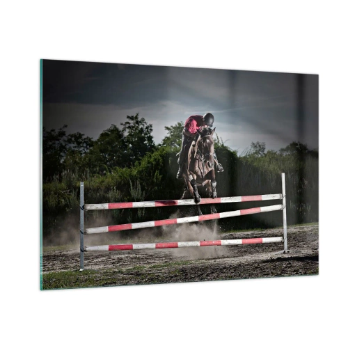 Impression sur verre - Image sur verre - Un cavalier sur un cheval saute par-dessus un obstacle avec la nature en arrière-plan - 100x70cm - Ensemble pour la victoire - Décoration murale moderne pour le salon et la chambre ARTTOR