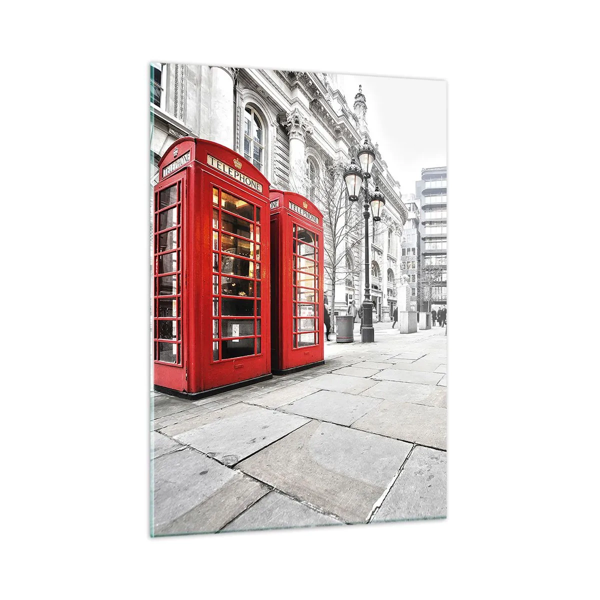 Impression sur verre - Image sur verre - Cabines téléphoniques rouges sur fond de rue - 50x70cm - Welcome to London - Décoration murale moderne pour le salon et la chambre ARTTOR