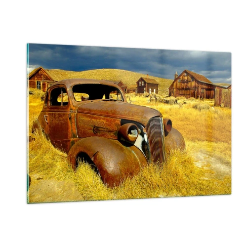 Impression sur verre - Image sur verre - Une voiture ancienne sur fond de village désert - 120x80cm - Repos bien mérité - Décoration murale moderne pour le salon et la chambre ARTTOR