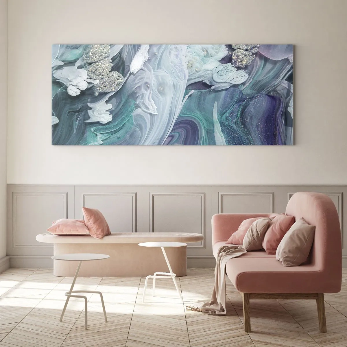 Impression sur verre - Image sur verre - Tourbillons abstraits dans des tons de bleu et de blanc - 120x50cm - Courants bleus - Décoration murale moderne pour le salon et la chambre ARTTOR