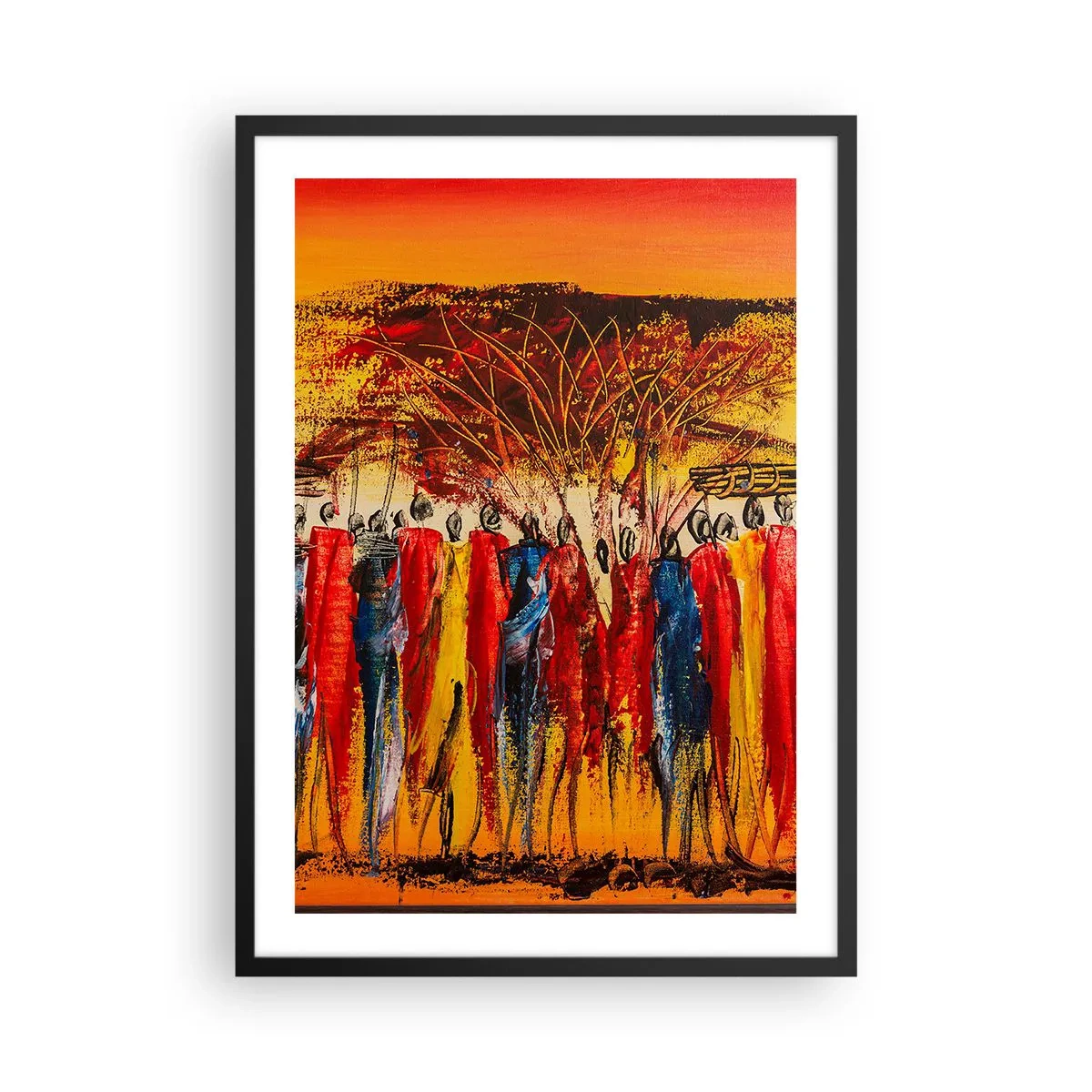 Affiche dans un cadre noir - Poster - Scène africaine abstraite aux couleurs vibrantes - 50x70cm - Là-bas, là-bas, ils vont là-bas - Décoration murale moderne pour le salon et la chambre ARTTOR