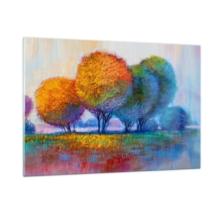 Impression sur verre - Image sur verre - Arbres colorés aux couleurs d'automne contre un ciel bleu - 120x80cm - Un bouquet de couleurs éclatantes - Décoration murale moderne pour le salon et la chambre ARTTOR