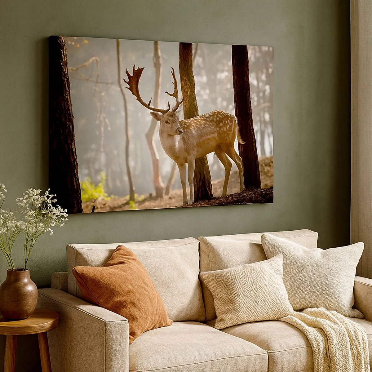 Impression sur toile - Image sur toile - Cerf dans la forêt dans le brouillard du matin - 70x50cm - La lumière de la jeunesse - Décoration murale moderne pour le salon et la chambre ARTTOR