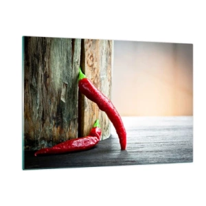 Impression sur verre - Image sur verre - Piments rouges sur fond de bois - 120x80cm - Red hot chili peppers - Décoration murale moderne pour le salon et la chambre ARTTOR