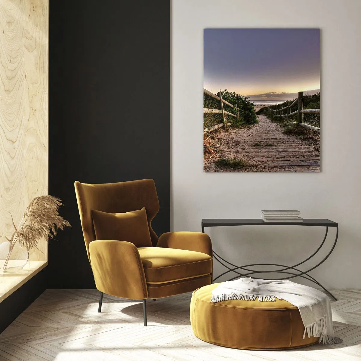 Impression sur verre - Image sur verre - Chemin vers la plage au coucher du soleil - 50x70cm - On voit déjà le but - Décoration murale moderne pour le salon et la chambre ARTTOR