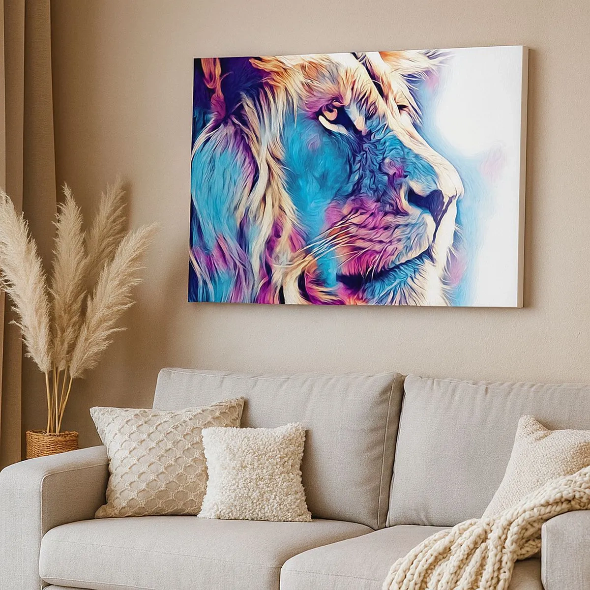 Impression sur toile - Image sur toile - Portrait d'un lion aux couleurs vives et abstraites - 70x50cm - L'intelligence de la nature - Décoration murale moderne pour le salon et la chambre ARTTOR
