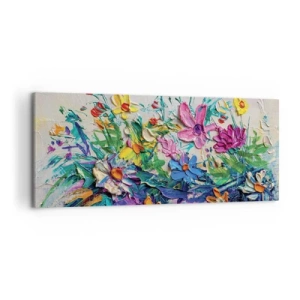 Impression sur toile - Image sur toile - Un bouquet de fleurs coloré peint selon la technique de l'empâtement - 120x50cm - Absolument pas une nature morte - Décoration murale moderne pour le salon et la chambre ARTTOR
