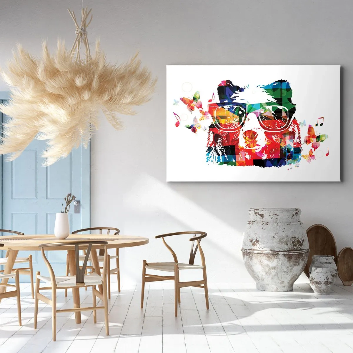 Impression sur toile - Image sur toile - Ours coloré avec des lunettes avec des papillons et des notes de musique - 70x50cm - Ca plait au chien! - Décoration murale moderne pour le salon et la chambre ARTTOR