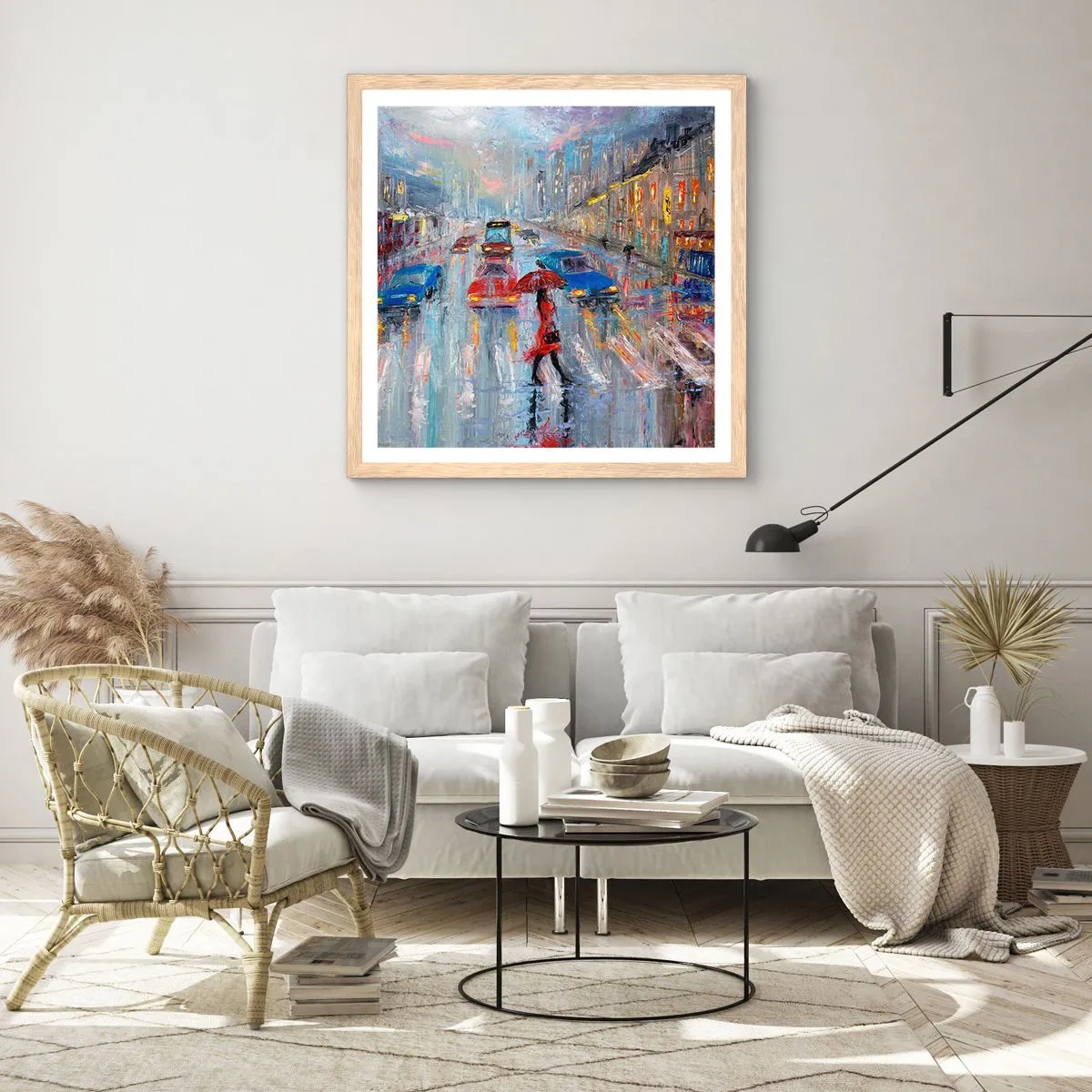 Affiche dans un chêne clair - Poster - Après-midi pluvieux en ville - 40x40 cm