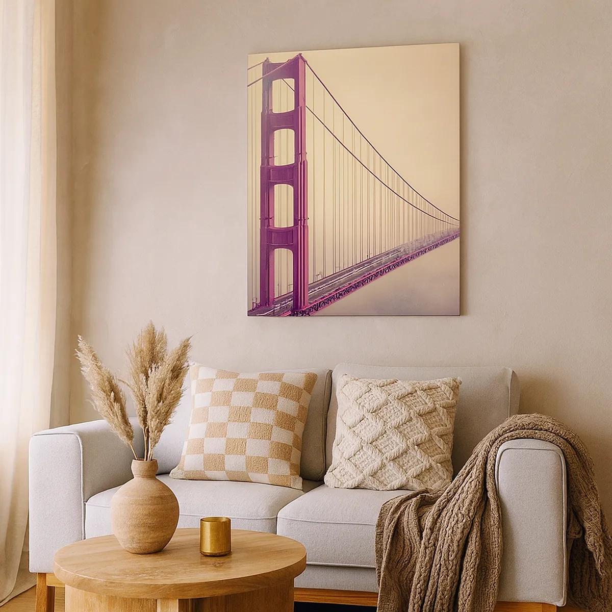 Impression sur toile - Image sur toile - Un pont dans le brouillard aux tons pastel, symbole d'élégance et de paix - 50x70cm - Entre ciel et terre - Décoration murale moderne pour le salon et la chambre ARTTOR