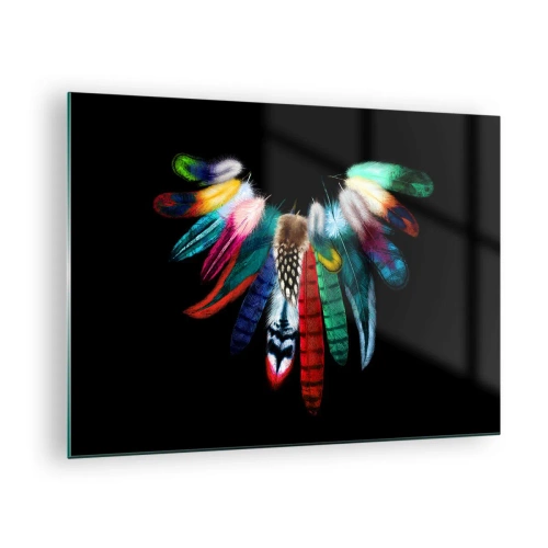 Impression sur verre - Image sur verre - Plumes colorées disposées en ailes sur fond noir - 70x50cm - Collier indien - Décoration murale moderne pour le salon et la chambre ARTTOR