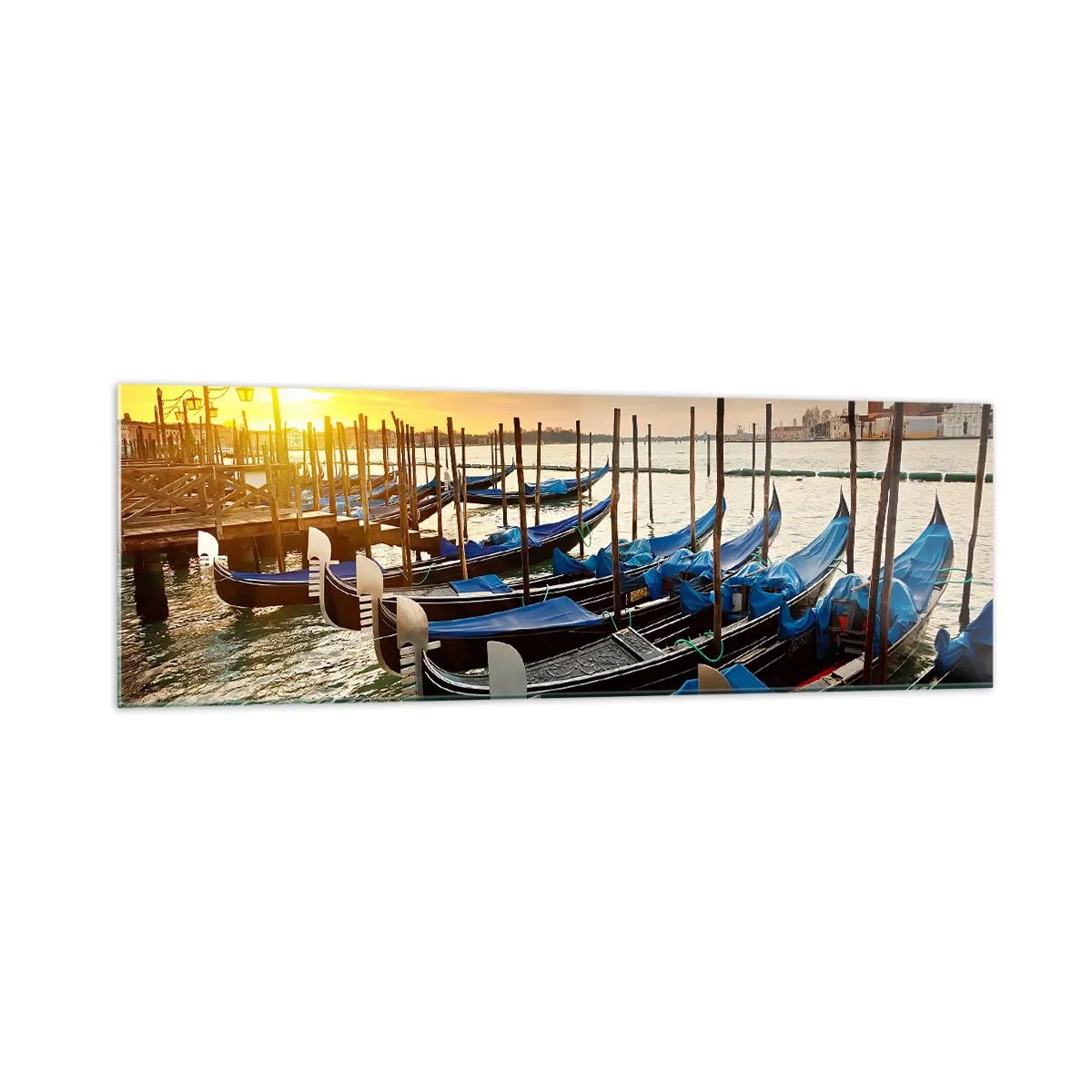 Impression sur verre - Image sur verre - Gondoles à Venise le matin à la lumière du soleil levant - 160x50cm - Avant que le vacarme n'arrive - Décoration murale moderne pour le salon et la chambre ARTTOR