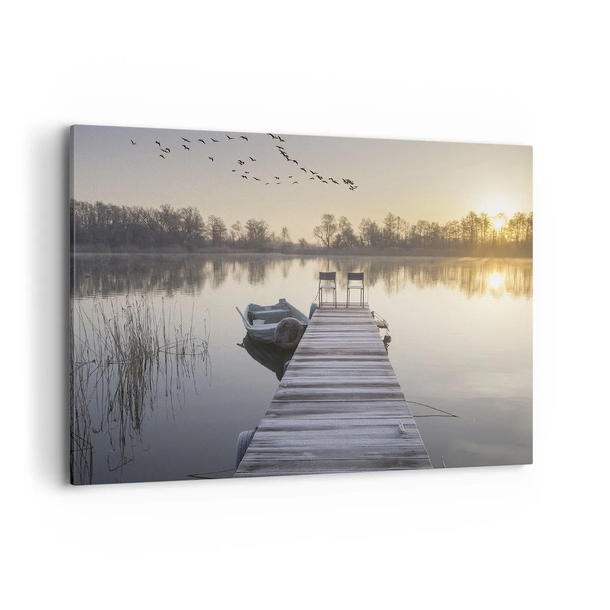Impression sur toile - Image sur toile - Une jetée au bord du lac le matin avec un bateau et des chaises - 100x70cm - Je reviendrai - Décoration murale moderne pour le salon et la chambre ARTTOR