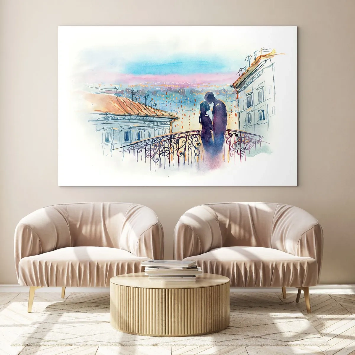Impression sur verre - Image sur verre - Couple sur un balcon profitant d'un coucher de soleil romantique - 120x80cm - Amoureux de Paris - Décoration murale moderne pour le salon et la chambre ARTTOR