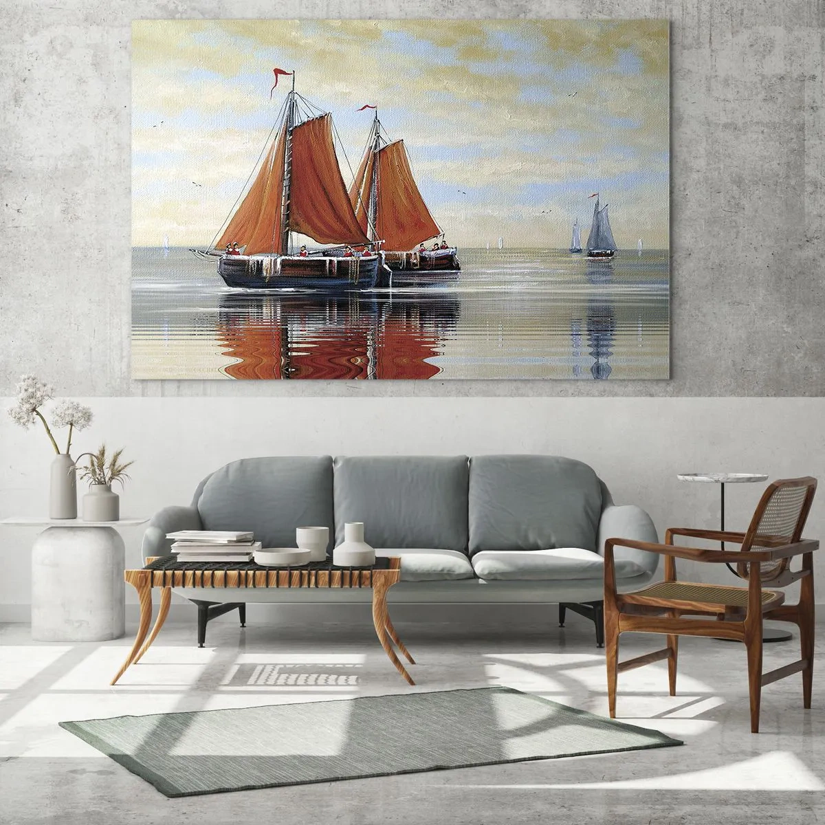 Impression sur verre - Image sur verre - Voiliers sur une mer calme au coucher du soleil - 70x50cm - He, navigue, marin - Décoration murale moderne pour le salon et la chambre ARTTOR