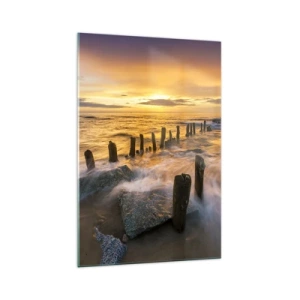 Impression sur verre - Image sur verre - Coucher de soleil sur la mer avec les vestiges d'une ancienne jetée - 70x100cm - La beauté brute de la mer Baltique - Décoration murale moderne pour le salon et la chambre ARTTOR