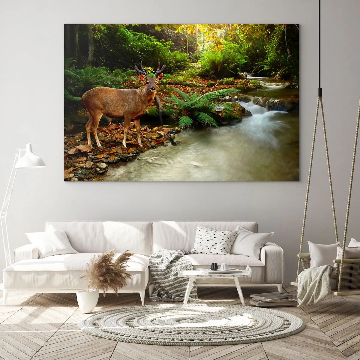 Impression sur verre - Image sur verre - Un cerf près d'un ruisseau dans une forêt ensoleillée - 120x80cm - Bienvenue dans mon monde - Décoration murale moderne pour le salon et la chambre ARTTOR