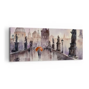 Impression sur toile - Image sur toile - Vue romantique d'un pont avec un parapluie sur fond de ville en soirée - 120x50cm - Les gens ne changent pas - Décoration murale moderne pour le salon et la chambre ARTTOR