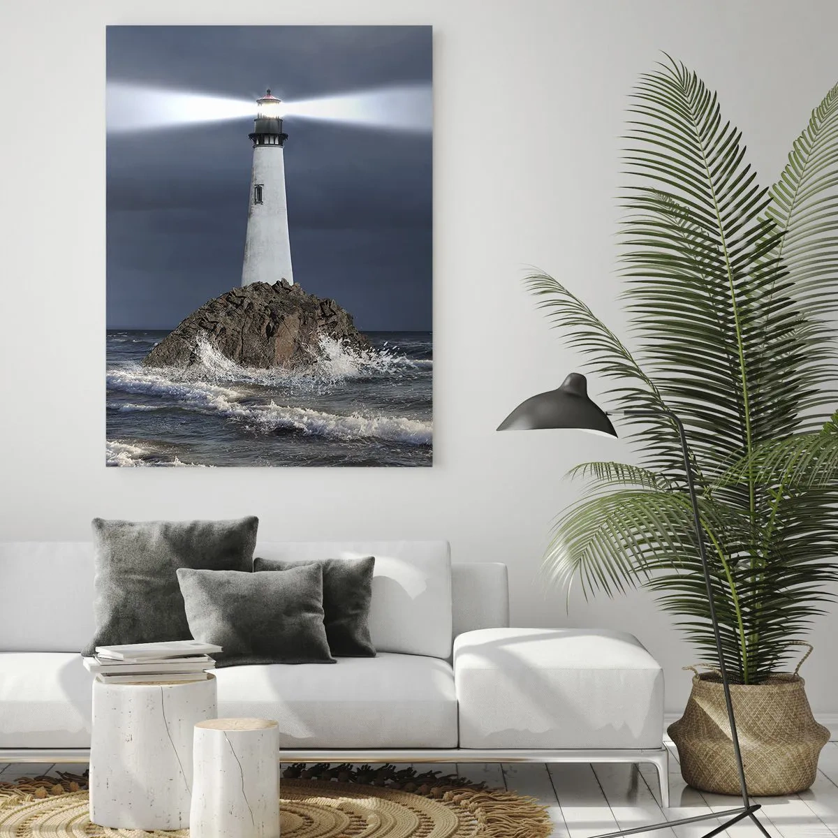 Impression sur verre - Image sur verre - Un phare sur un rocher au milieu des vagues agitées la nuit - 50x70cm - I… i… ici ! - Décoration murale moderne pour le salon et la chambre ARTTOR