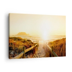 Impression sur toile - Image sur toile - Chemin vers la plage pendant un coucher de soleil doré - 70x50cm - A travers la dune, vers le soleil - Décoration murale moderne pour le salon et la chambre ARTTOR