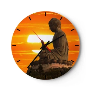 Horloge murale - Pendule murale - Une statue de Bouddha sur fond de coucher de soleil intense aux couleurs chaudes. - 30x30cm - Aucune peur du monde - Décoration murale moderne pour le salon, la cuisine et la chambre ARTTOR