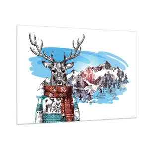Impression sur verre - Image sur verre - Un cerf en pull et écharpe sur fond de paysage de montagne - 100x70cm - Même le cerf ne gèle pas - Décoration murale moderne pour le salon et la chambre ARTTOR