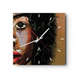 Horloge murale - Pendule murale - Un portrait expressif d'une femme aux couleurs intenses. - 30x30cm - Noir et brillant - Décoration murale moderne pour le salon et la chambre ARTTOR