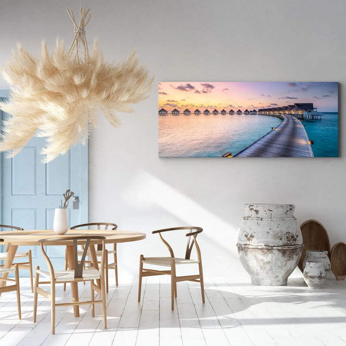 Impression sur toile - Image sur toile - La jetée menant aux chalets au bord de l'eau au coucher du soleil - 120x50cm - Vacances - retour aux sources - Décoration murale moderne pour le salon et la chambre ARTTOR