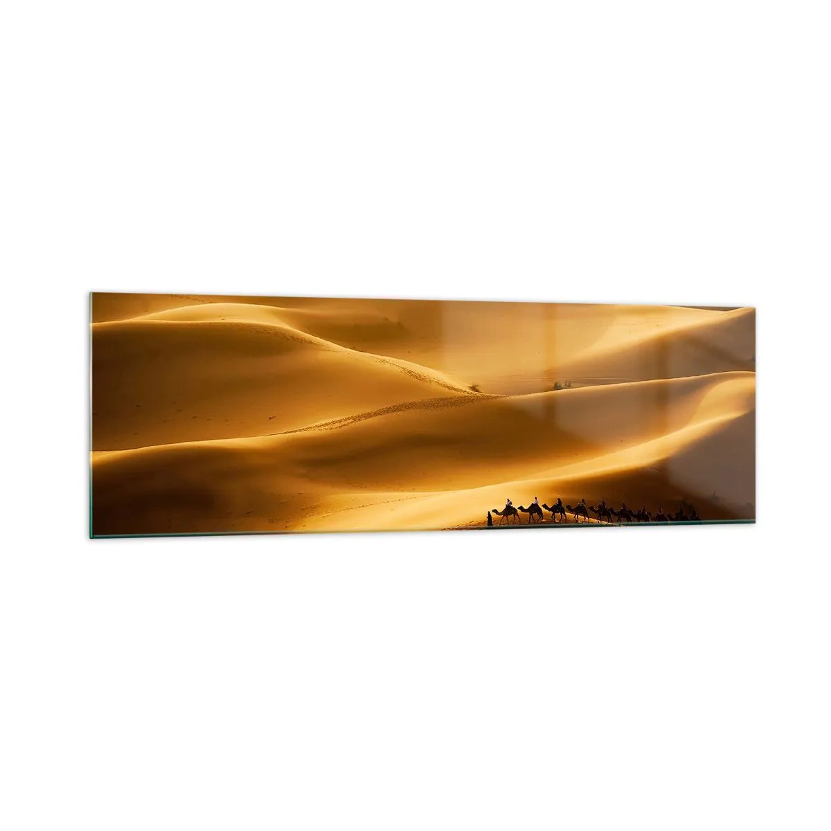 Impression sur verre - Image sur verre - Une caravane de chameaux errant à travers les dunes dorées du désert. - 160x50cm - Caravane sur les vagues du désert - Décoration murale moderne pour le salon et la chambre ARTTOR