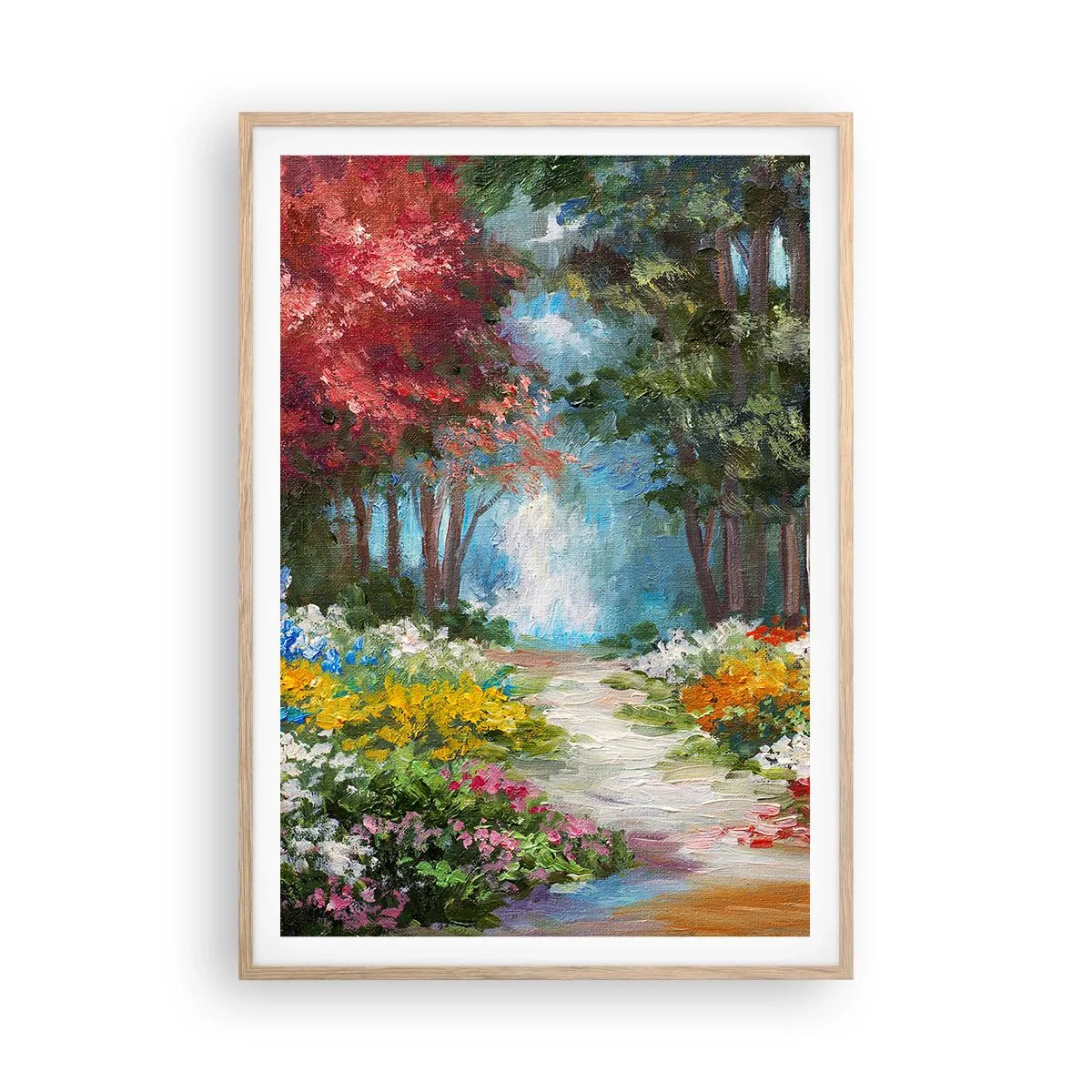 Affiche dans un chêne clair - Poster - Jardin forestier, forêt de fleurs - 70x100 cm