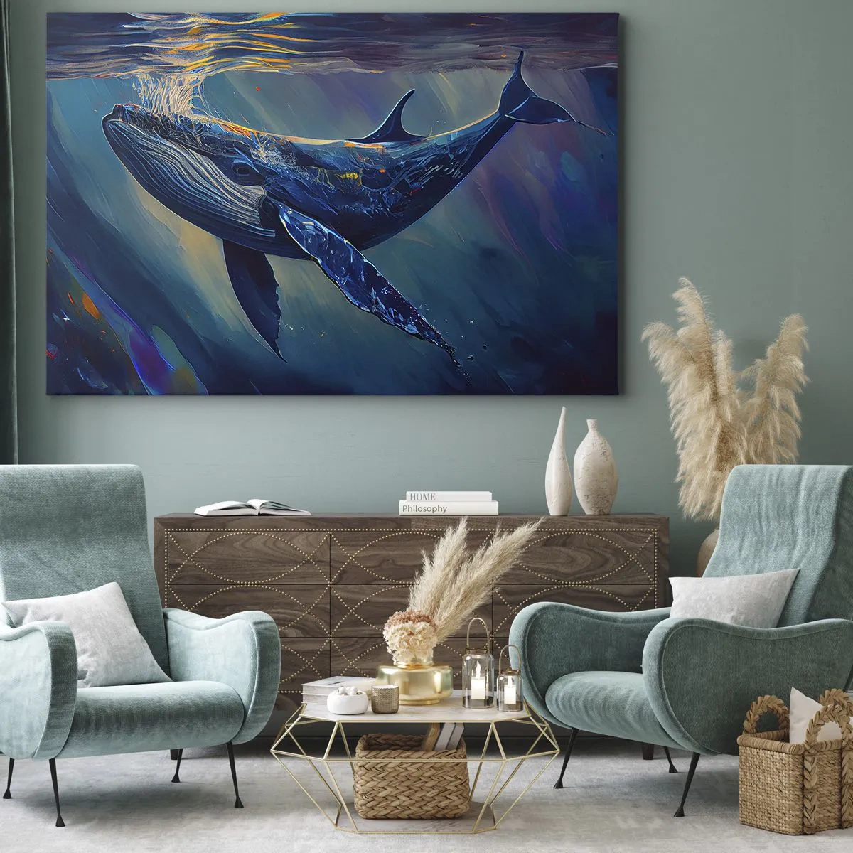 Impression sur toile - Image sur toile - Une baleine dans les profondeurs de l'océan aux couleurs lumineuses - 70x50cm - Bienvenue dans mon monde - Décoration murale moderne pour le salon et la chambre ARTTOR