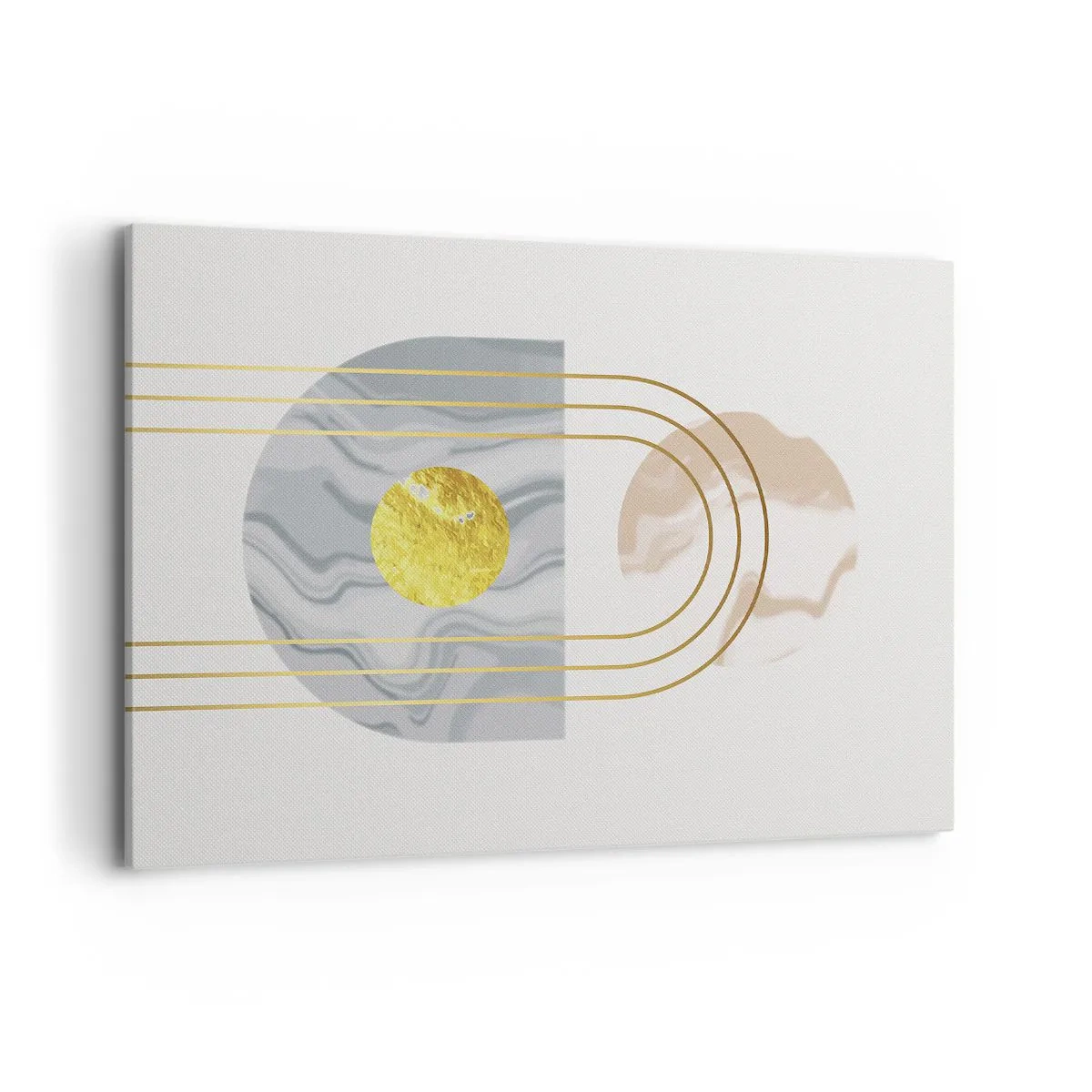Impression sur toile - Image sur toile - Composition abstraite avec des cercles et des lignes dorées sur fond clair. - 100x70cm - Clareté et brillance - Décoration murale moderne pour le salon et la chambre ARTTOR