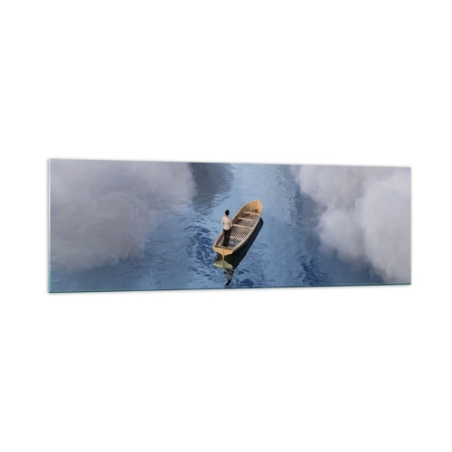 Impression sur verre - Image sur verre - Un homme dans un bateau sur une mer calme entourée de nuages - 160x50cm - Vie – voyage – inconnu - Décoration murale moderne pour le salon et la chambre ARTTOR