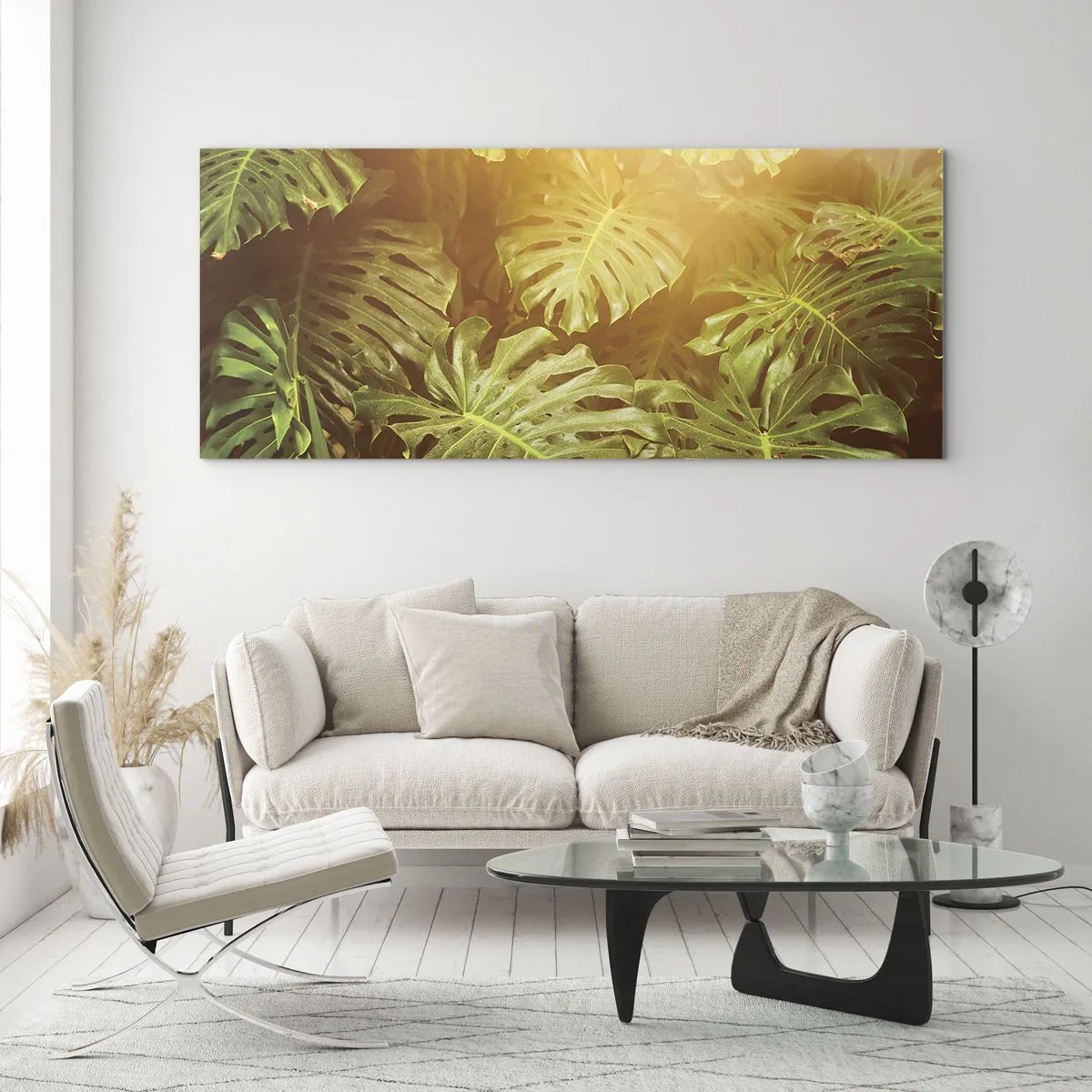 Impression sur verre - Image sur verre - Feuilles de Monstera au soleil sur fond naturel - 120x50cm - Se fondre dans la verdure - Décoration murale moderne pour le salon et la chambre ARTTOR