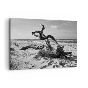 Impression sur toile - Image sur toile - Paysage noir et blanc avec un arbre mort sur la plage - 120x80cm - Sculpture marine - Décoration murale moderne pour le salon et la chambre ARTTOR