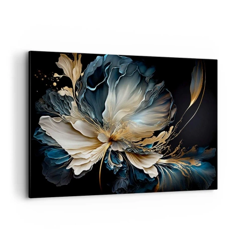 Impression sur toile - Image sur toile - Une fleur dans les tons or et bleu marine sur fond noir - 120x80cm - Fleur de fougère de conte de fées - Décoration murale moderne pour le salon et la chambre ARTTOR