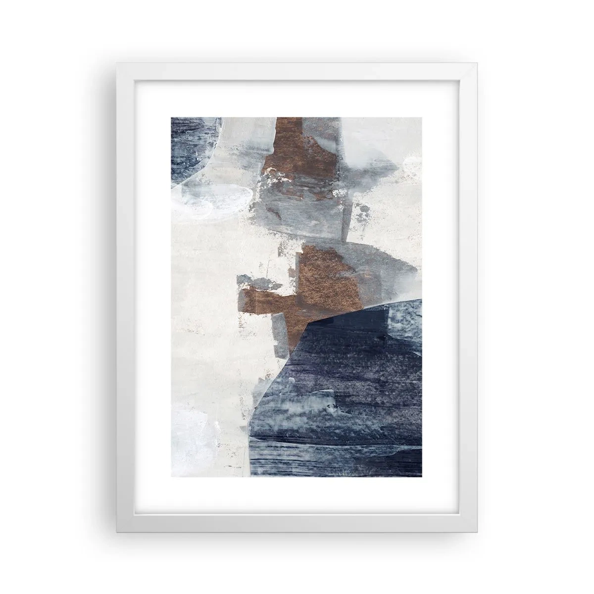 Affiche dans un cadre blanc - Poster - Formes bleues et brunes - 30x40 cm